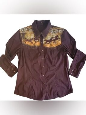 Western Horse Embroidered Snap-Front Shirt - Brown & Gold